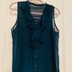 Sheer Deep Blue Ruffle Front Button Up Top